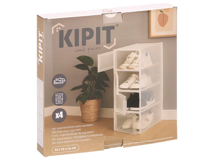 Kipit Set 4 Organizador Apilable Zapatero Plástico Blanco/Transparente 37 x 6 x 32.5 cm (Set de 6)