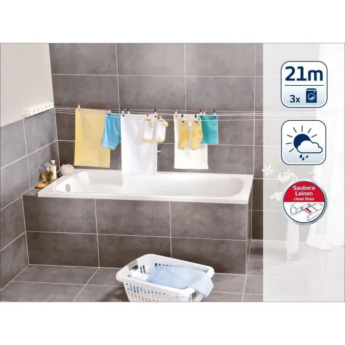 Leifheit Secador de Pared ROLLFIX L 48 cm Blanco - Tendedero Extensible hasta 21 Metros