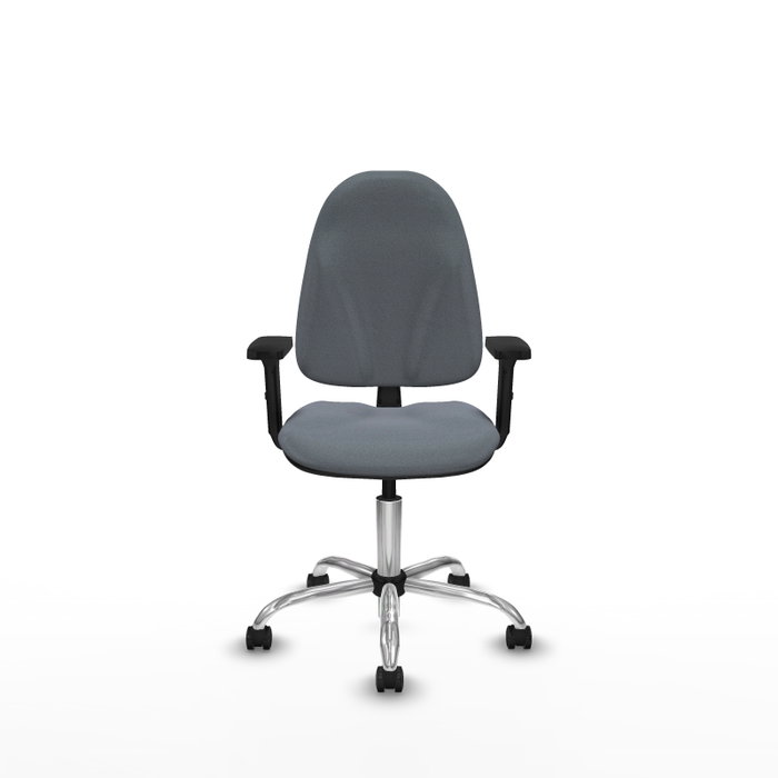 Silla de oficina Algarra con mecanismo Contacto permanente básico tapizada con Tela color Gris. Equipada con Base cromada, Brazos 2D y Ruedas de parqué
