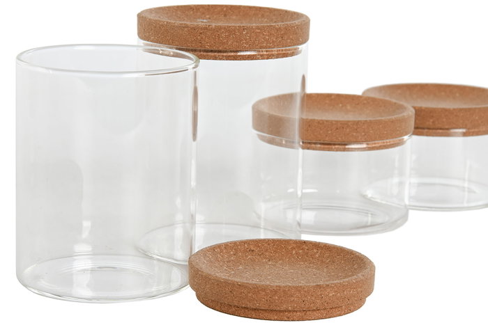 DKD Home Decor Bote Basicos Natural Transparente Borosilicato Corcho Set de 5 Piezas 10x12x26 cm