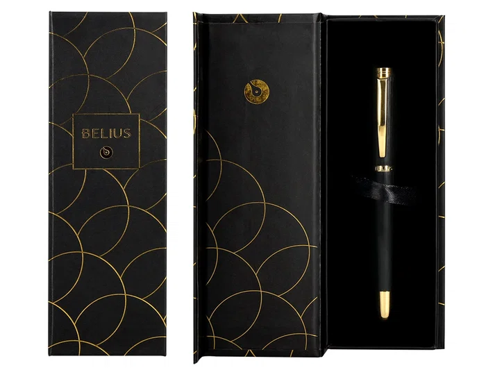 Belius Passion d'or Pluma Estilográfica Aluminio Negro y Dorado Tinta Azul Caja de Diseño M