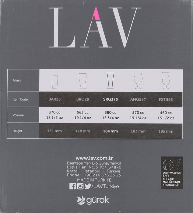 Lav Set de 6 Vasos para Cerveza "Sor", 380 cc / 0.38 L, Dimensiones: 8.2 x 8.2 x 18.5 cm, Peso: 354 g por vaso, Colección Vasos Lav (4 Cajas)