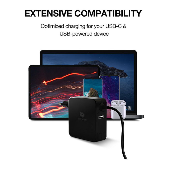 ICY BOX IB-PS101-PD Fuente de Alimentación Universal para Portátil USB-C 90W, 1.8m