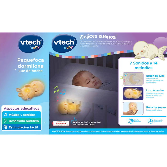 V-Tech Pequefoca Dormilona Luz de Noche 80-592822, Peluche Luminoso con Melodías para Dormir