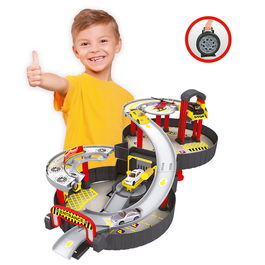 Tachan Garaje Circuito en Maletín de 2 Pisos con Lavadero, Elevador, Gasolinera, 2 Coches y Helicóptero