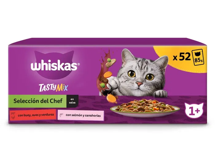 Whiskas Tasty Mix Chef Choice - Comida Húmeda para Gato, Selección del Chef, 13 Packs de 4 Latas de 85g (52 Latas) Whiskas Tasty Mix Chef Choice - Comida Húmeda para Gato, Selección del Chef, 13 Packs de 4 Latas de 85g (52 Latas)
