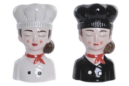 DKD Home Decor Set de 2 Jarrones de Gres Chica Chef, Blanco y Negro
