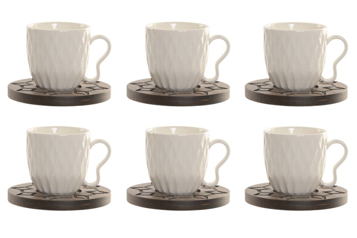 DKD Home Decor Set de 6 Tazas de Porcelana y Bambú, Colección Pengjia 25, Blanco y Marrón Oscuro, Acabado Relieve, 90ml