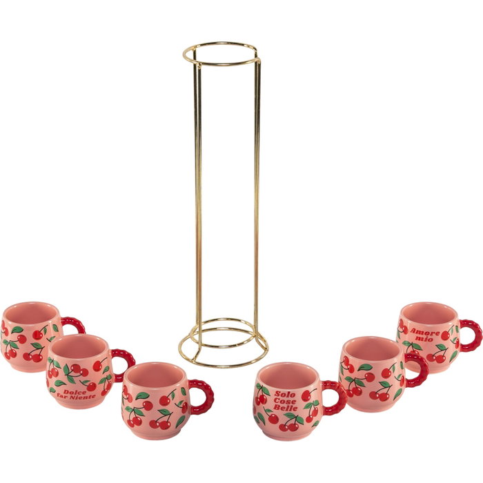 Bialetti Set de 6 Tazas de Espresso Mercato Della Frutta con Soporte Metálico Cherries Bialetti Set de 6 Tazas de Espresso Mercato Della Frutta con Soporte Metálico Cherries