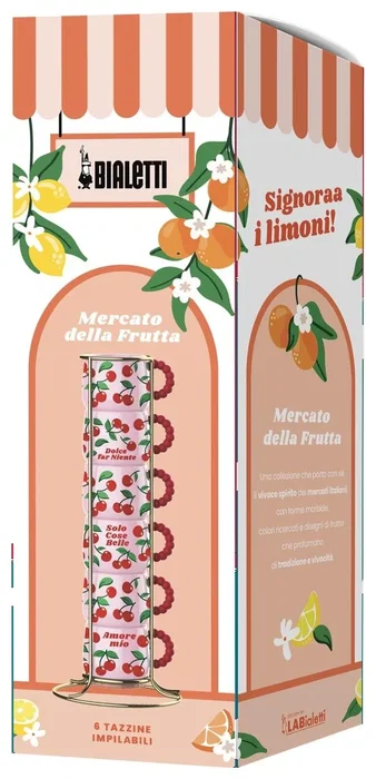 Bialetti Set de 6 Tazas de Espresso Mercato Della Frutta con Soporte Metálico Cherries Bialetti Set de 6 Tazas de Espresso Mercato Della Frutta con Soporte Metálico Cherries