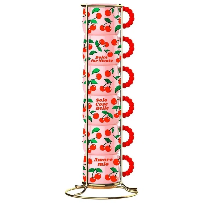 Bialetti Set de 6 Tazas de Espresso Mercato Della Frutta con Soporte Metálico Cherries Bialetti Set de 6 Tazas de Espresso Mercato Della Frutta con Soporte Metálico Cherries