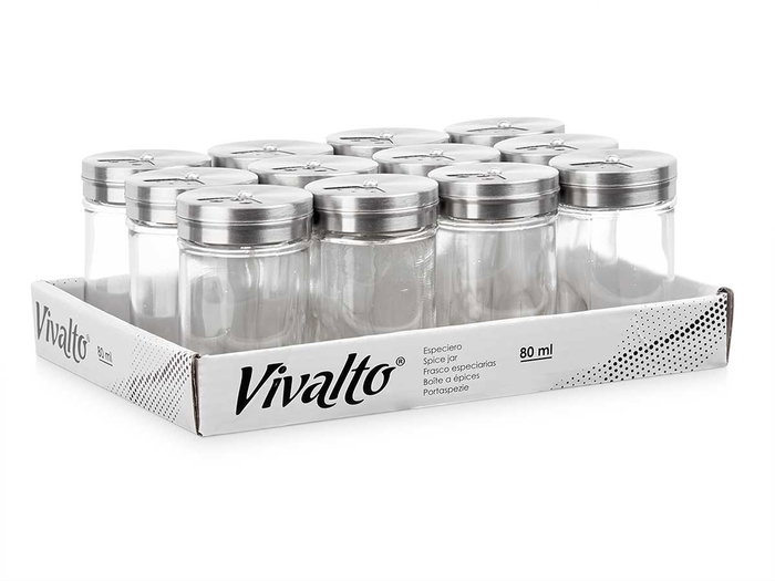 Vivalto Salero Especiero de Vidrio y Metal 5 cm (ancho) x 8.5 cm (alto) x 5 cm (largo) (Set de 72)