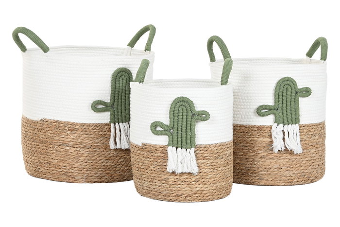 DKD Home Decor Cesta Boho Blanco Verde, Set de 3 Unidades (2 Sets), 38 x 49 x 38 cm, Fibra y Algodón
