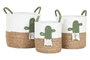 DKD Home Decor Cesta Boho Blanco Verde, Set de 3 Unidades (2 Sets), 38 x 49 x 38 cm, Fibra y Algodón