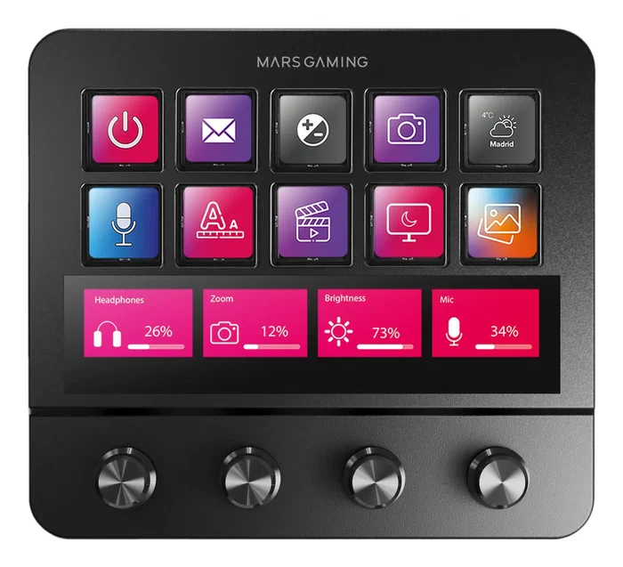 Mars Gaming MSD-PRO Control Deck con Pantalla Táctil y 10 Teclas LCD para Streaming, Gaming y Trabajo - 4 Diales - Hub USB - Negro