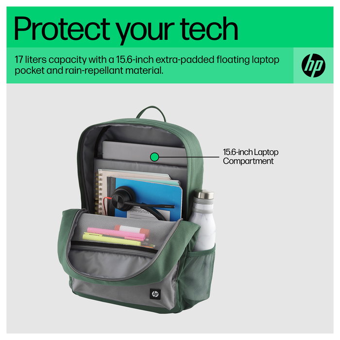 HP Campus - Mochila para Portátil 15.6", Verde/Gris, Impermeable, Compartimento para Tableta, Poliéster, 490g