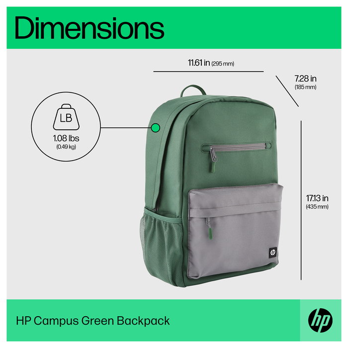HP Campus - Mochila para Portátil 15.6", Verde/Gris, Impermeable, Compartimento para Tableta, Poliéster, 490g