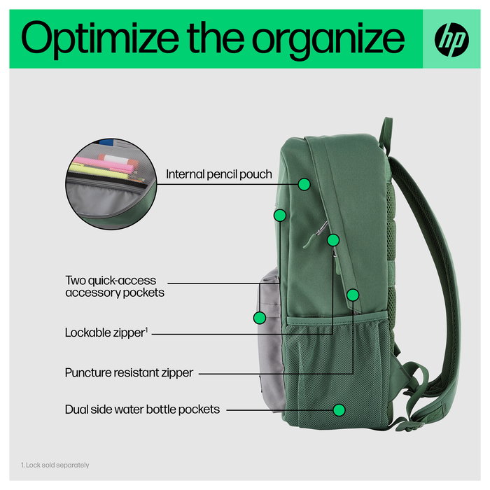HP Campus - Mochila para Portátil 15.6", Verde/Gris, Impermeable, Compartimento para Tableta, Poliéster, 490g
