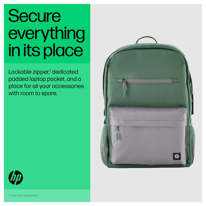 HP Campus - Mochila para Portátil 15.6", Verde/Gris, Impermeable, Compartimento para Tableta, Poliéster, 490g