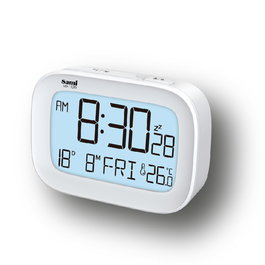 SAMI Despertador LCD Digital con Alarma, Calendario, 8 Idiomas, Apagado Superior, Blanco