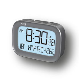 SAMI Despertador Alarma Digital LCD con Calendario y Apagado Superior, 8 Idiomas, Color Plata