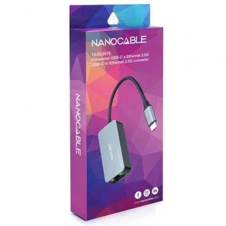 Nano Cable 10.03.0410 Adaptador USB-C a RJ45 Ethernet 2.5Gbps 2500Mbps Aluminio Gris Conector USB 3.2 Gen1 Macho Hembra Plug and Play