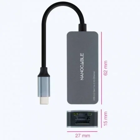 Nano Cable 10.03.0410 Adaptador USB-C a RJ45 Ethernet 2.5Gbps 2500Mbps Aluminio Gris Conector USB 3.2 Gen1 Macho Hembra Plug and Play