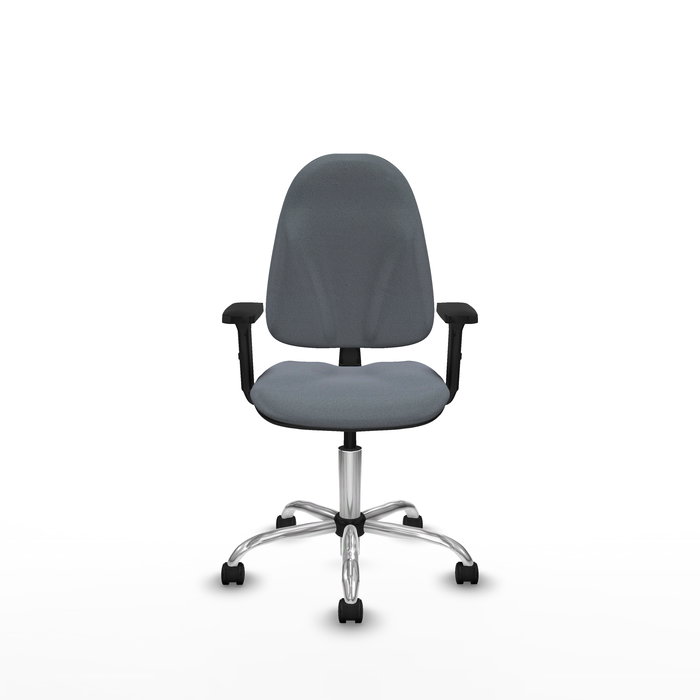 Silla de oficina Algarra con mecanismo Contacto permanente básico tapizada con Tela color Gris. Equipada con Base cromada, Brazos 2D y Ruedas de nailon 50 mm