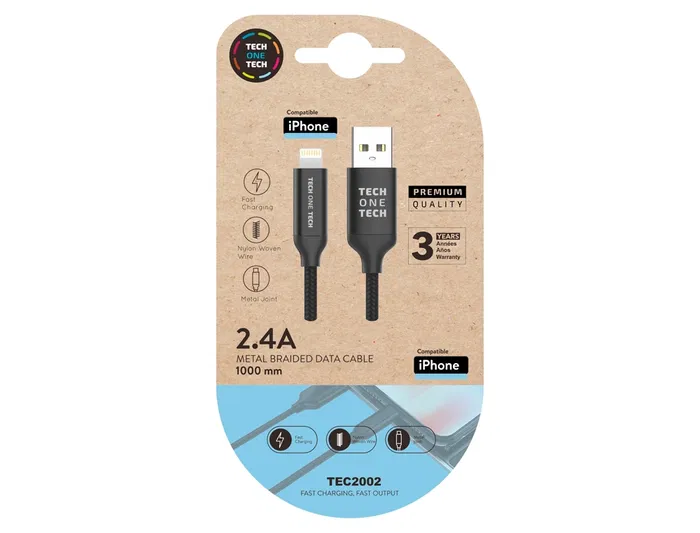 Tech on tech Cable USB 2.4 Tech One con conector Apple y Micro USB, 1 m, Braided Nylon, Negro