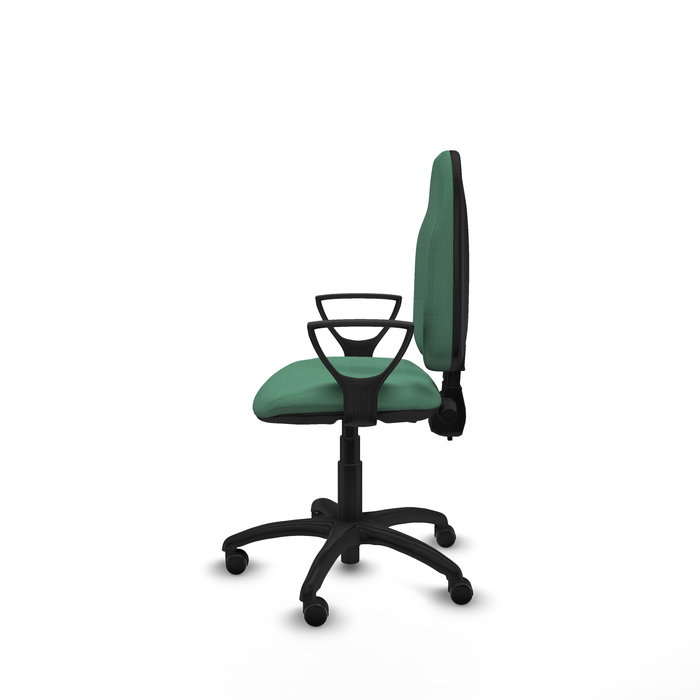 Silla de oficina Algarra con mecanismo Contacto permanente de doble maneta tapizada con Tela color Verde esmeralda. Equipada con Base poliamida negra, Brazos fijos y Ruedas autofrenantes
