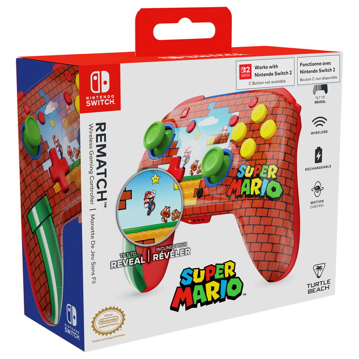 Turtle Beach Rematch Wireless - Mando inalámbrico para Nintendo Switch, Switch 2, Lite & OLED con diseño Mario Bricks, botones programables, USB-C y 40h autonomía
