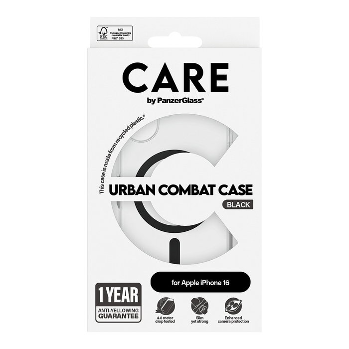 PanzerGlass CARE Case Flagship Black con MagSafe para iPhone 16, Transparente con bordes Negros, MIL-STD-810H, Policarbonato 100% Reciclado