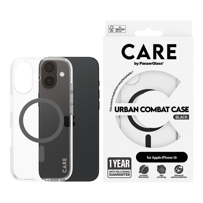 PanzerGlass CARE Case Flagship Black con MagSafe para iPhone 16, Transparente con bordes Negros, MIL-STD-810H, Policarbonato 100% Reciclado