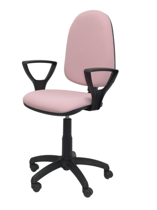 Silla de oficina Aýna con mecanismo Contacto permanente básico tapizada con Tela color Rosa pálido. Equipada con Base poliamida negra, Brazos fijos y Ruedas de nailon 50 mm