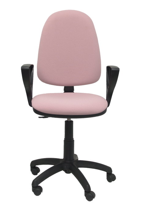 Silla de oficina Aýna con mecanismo Contacto permanente básico tapizada con Tela color Rosa pálido. Equipada con Base poliamida negra, Brazos fijos y Ruedas de nailon 50 mm