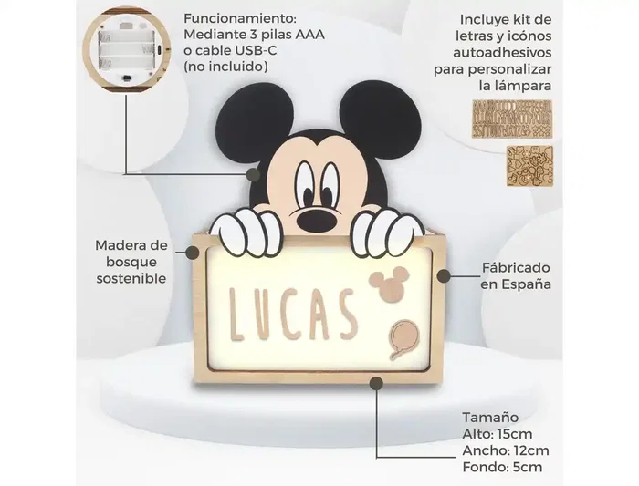 Wondee Lámpara Personalizable de Madera con Diseño Mickey, Alimentación por Batería, Flujo Luminoso 60 lm