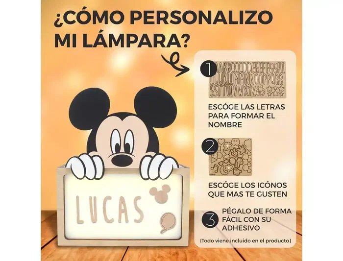 Wondee Lámpara Personalizable de Madera con Diseño Mickey, Alimentación por Batería, Flujo Luminoso 60 lm