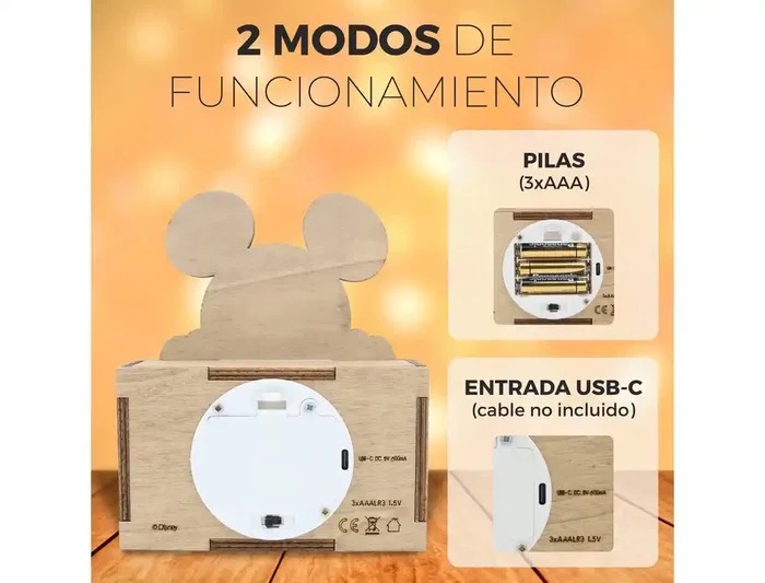 Wondee Lámpara Personalizable de Madera con Diseño Mickey, Alimentación por Batería, Flujo Luminoso 60 lm