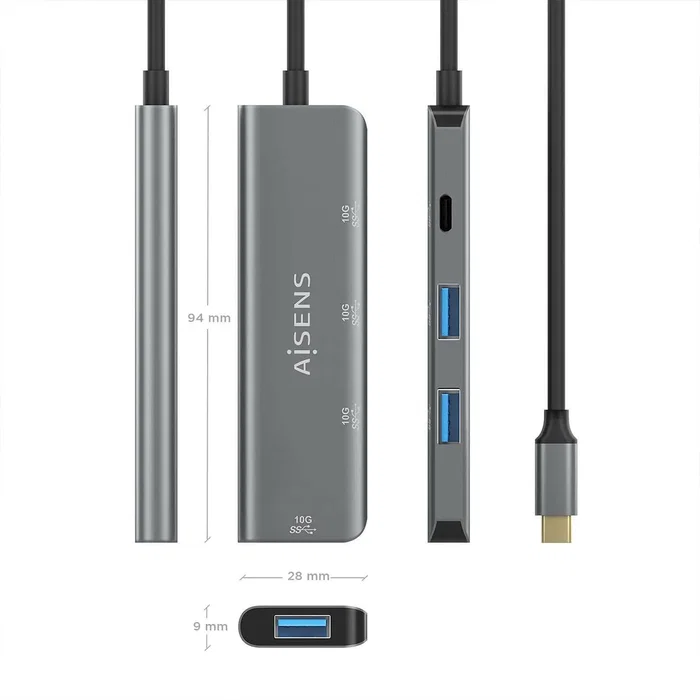 Aisens Hub USB 3.2 Gen 2 10G con 1x USB-C y 3x USB-A, Gris Aisens Hub USB 3.2 Gen 2 10G con 1x USB-C y 3x USB-A, Gris
