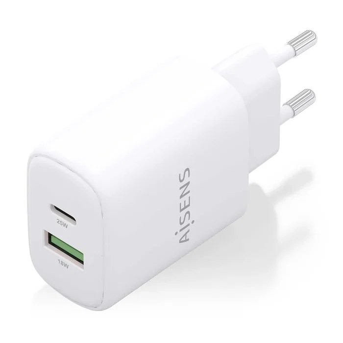 Aisens Cargador GaN 25W con USB-C PD3.0 y USB-A QC3.0, Blanco