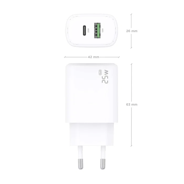 Aisens Cargador GaN 25W con USB-C PD3.0 y USB-A QC3.0, Blanco