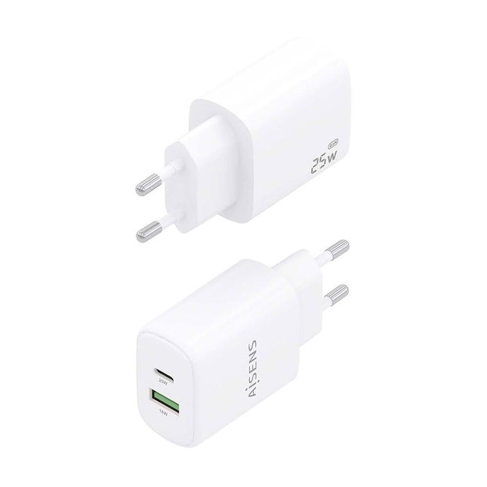 Aisens Cargador de Pared GaN 25W con USB-C PD 3.0 y USB-A QC 3.0, Blanco Aisens Cargador de Pared GaN 25W con USB-C PD 3.0 y USB-A QC 3.0, Blanco