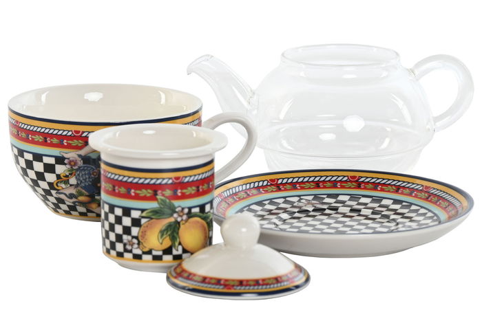 DKD Home Decor Tetera Sicilia 2024 Rojo Amarillo Porcelana Cristal 13.5 x 14.5 x 16.5 cm (4 Unidades)