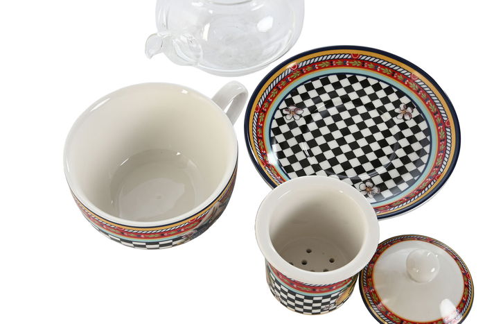 DKD Home Decor Tetera Sicilia 2024 Rojo Amarillo Porcelana Cristal 13.5 x 14.5 x 16.5 cm (4 Unidades)