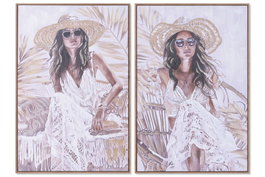 DKD Home Decor Cuadro Lienzo Chica Sombrero Pack de 2 (60x3,5x90 cm) Blanco y Beige