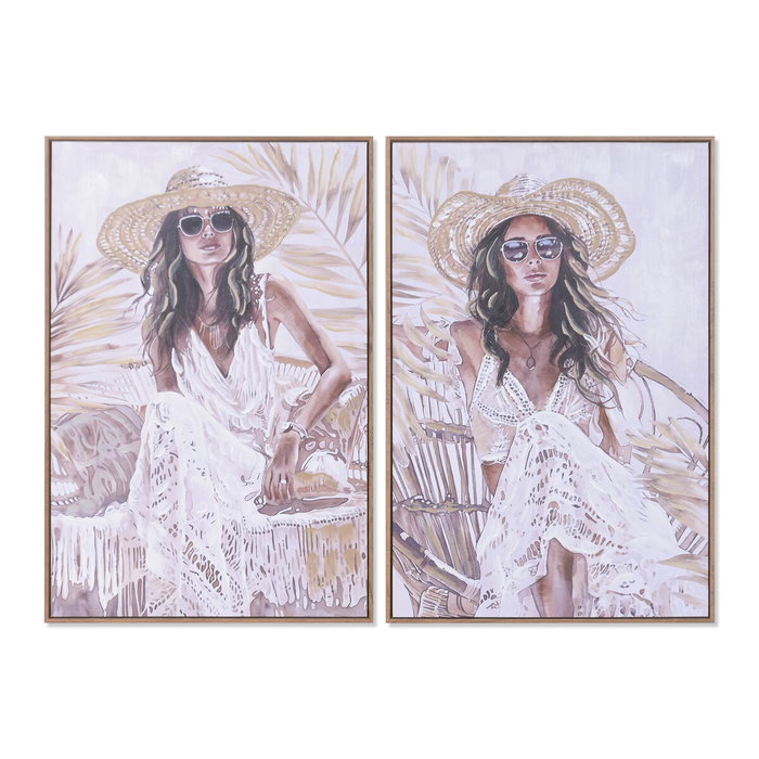 DKD Home Decor Cuadro Lienzo Chica Sombrero Pack de 2 (60x3,5x90 cm) Blanco y Beige