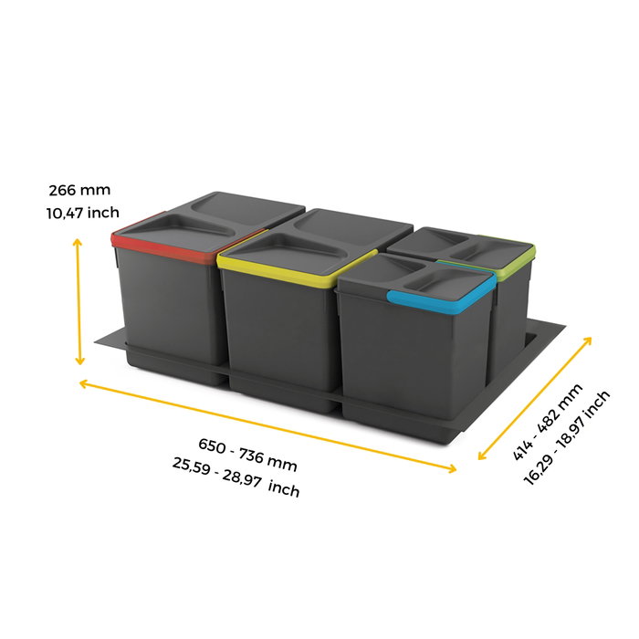 Emuca Kit de contenedores de reciclaje para cajón de cocina con base Recycle altura 266mm, 2x15litros, 2x7litros, módulo 800mm, Plástico gris antracita Emuca Kit de contenedores de reciclaje para cajón de cocina con base Recycle altura 266mm, 2x15litros, 2x7litros, módulo 800mm, Plástico gris antracita