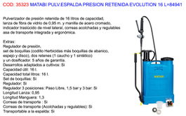 Matabi Evolution Pulverizador de espalda de presión retenida 16 L