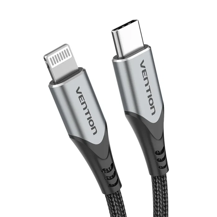 Vention Cable USB-C a Lightning 1m Gris con Certificación MFi para iPhone / iPad - Trenza de Nylon, Carga Rápida 3A y Transferencia de Datos 480 Mbps