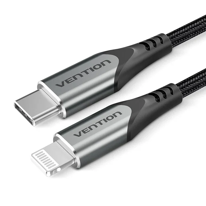 Vention Cable USB-C a Lightning 1m Gris con Certificación MFi para iPhone / iPad - Trenza de Nylon, Carga Rápida 3A y Transferencia de Datos 480 Mbps